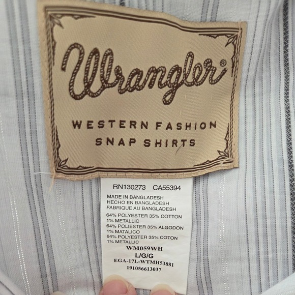 Wrangler Western Fashion White Silver Metallic Stripe Pearl Snap Shirt Mens Sz L - Picture 4 of 5